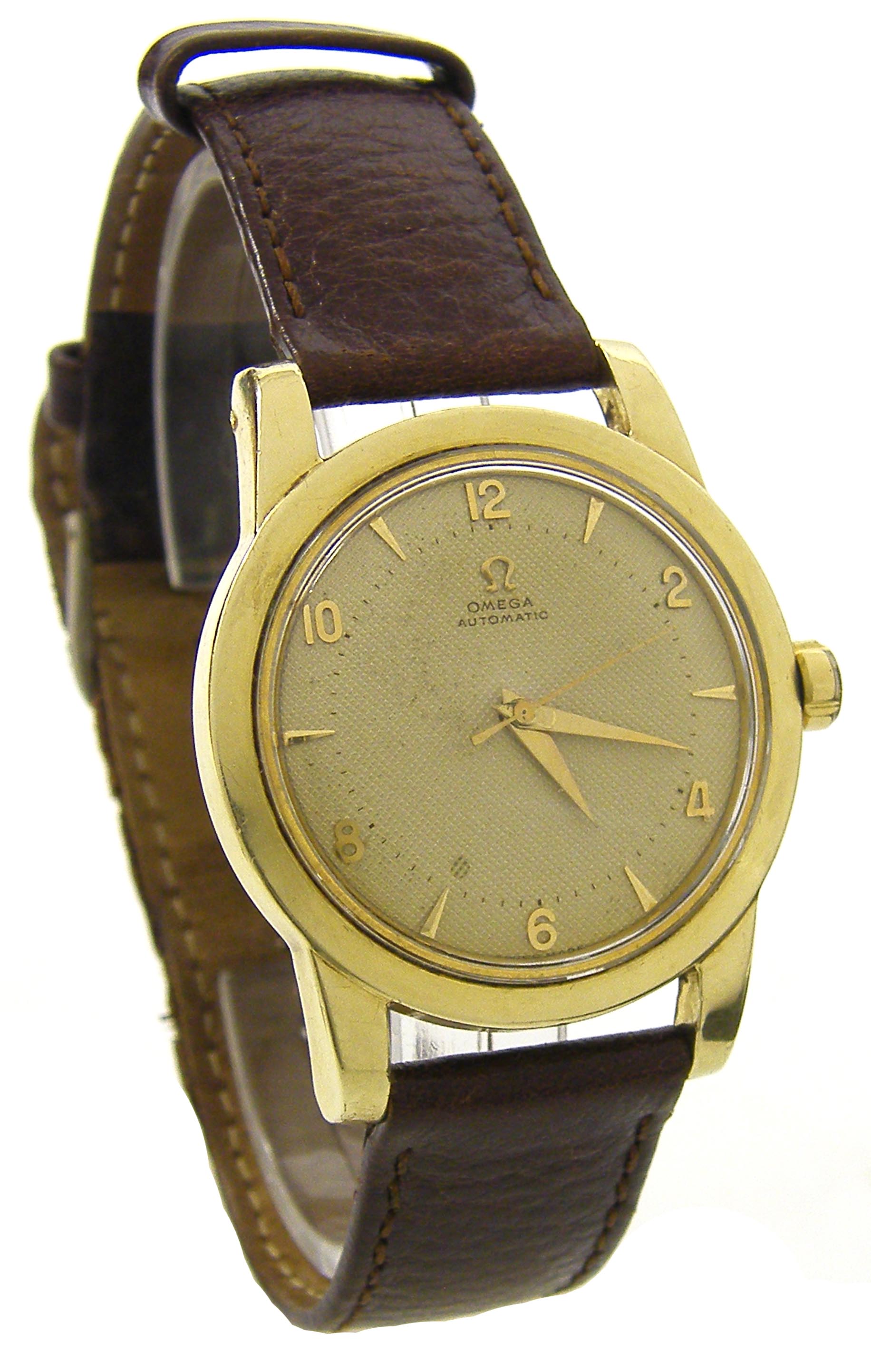 Omega automatic gold plated gentleman`s wristwatch, the textured dial with Arabic numerals, baton