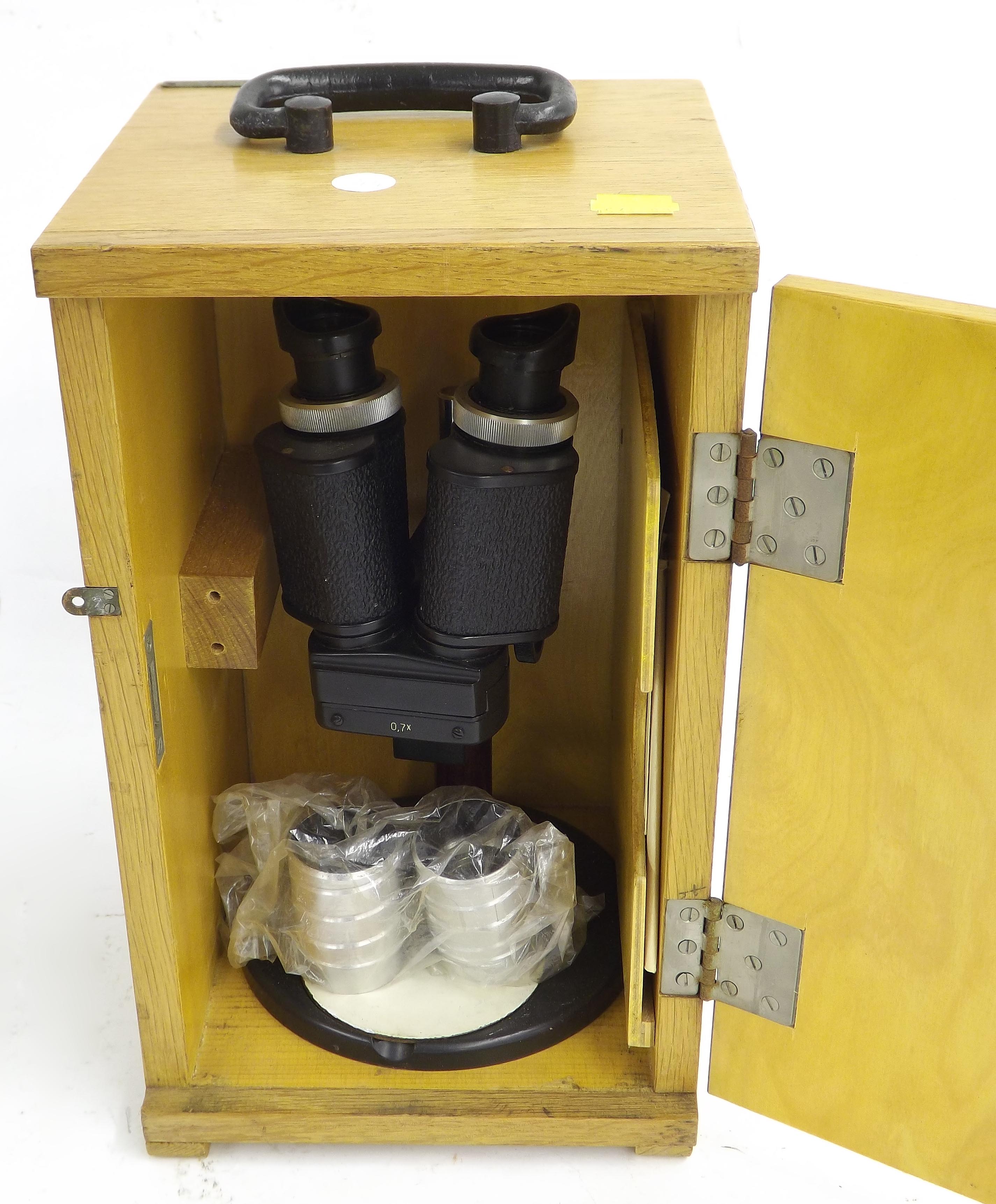 Type BM-51-2 stereo microscope, made in Moscow, USSR, within a wooden box