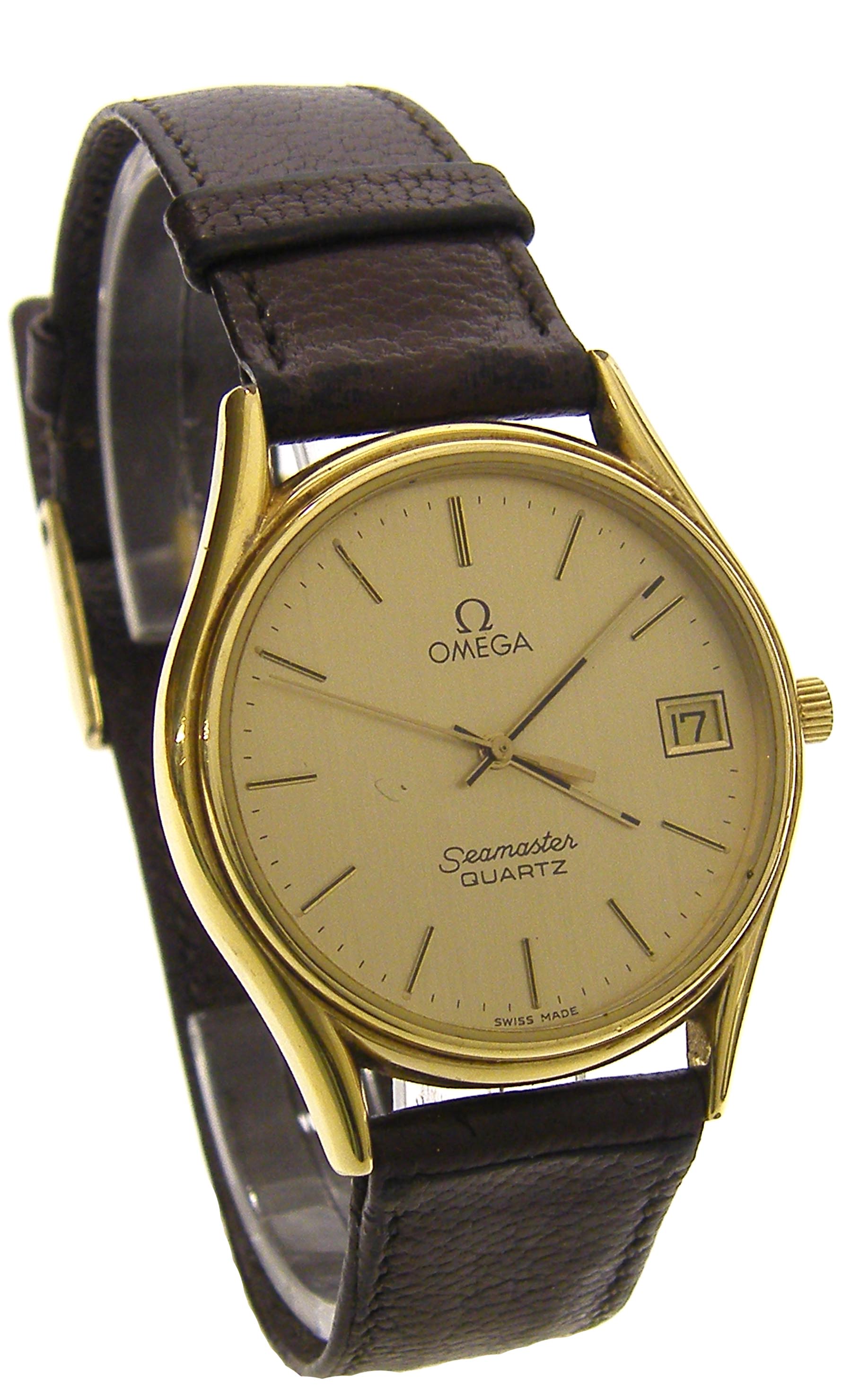 Omega Seamaster Quartz gold plated gentleman`s wristwatch, the gilt dial with baton markers,