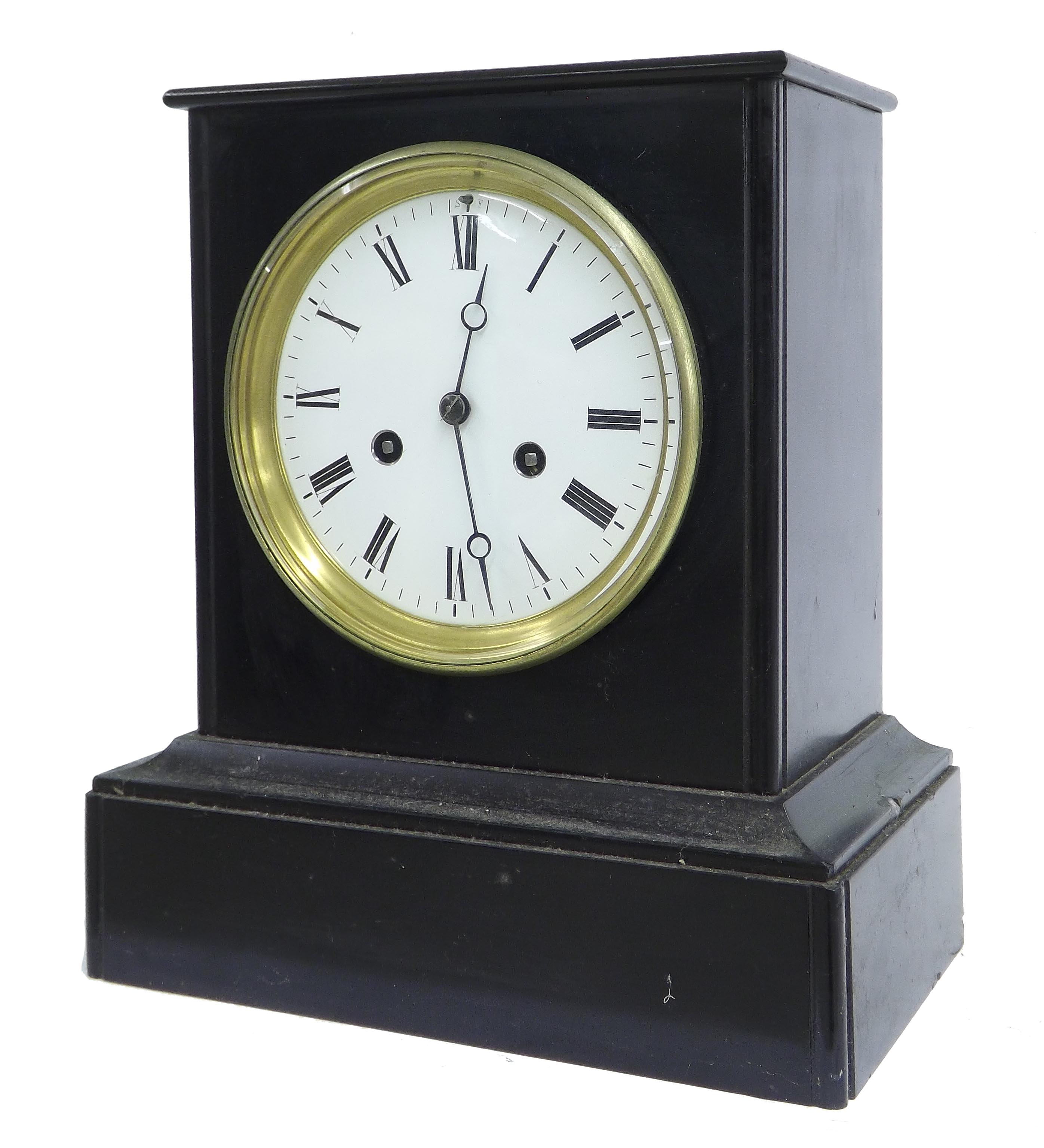 Black slate two train mantel clock, the movement striking on a bell, the 5" white dial within a