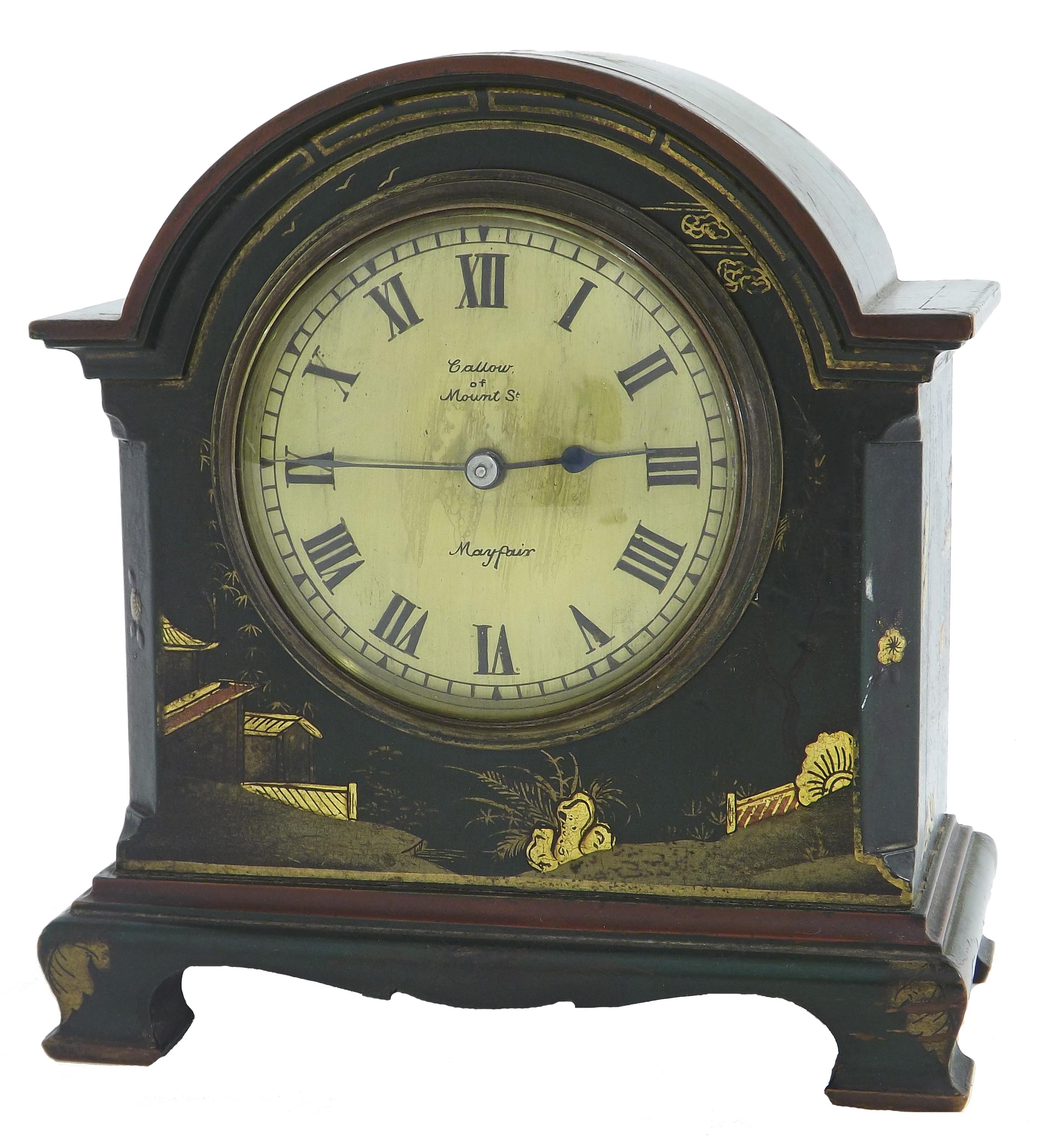 Small green lacquer chinoiserie decorated mantel timepiece, the 3.5" gilt dial signed Callow of