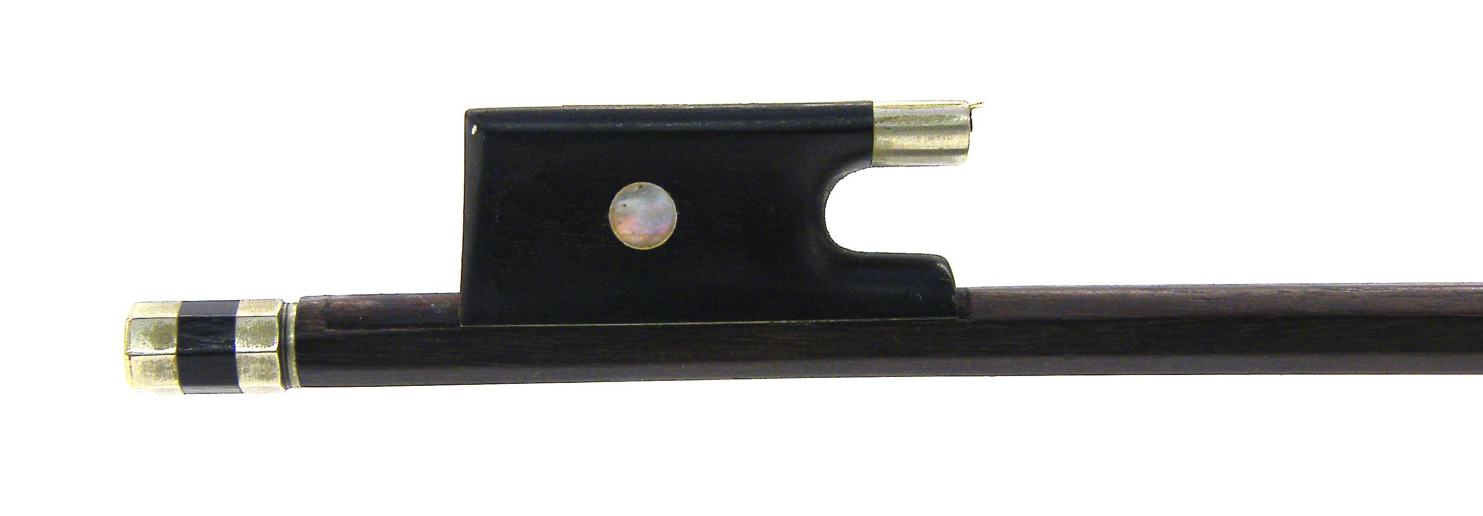 French nickel mounted violin bow from the Ouchard workshop, the stick round, the ebony frog inlaid