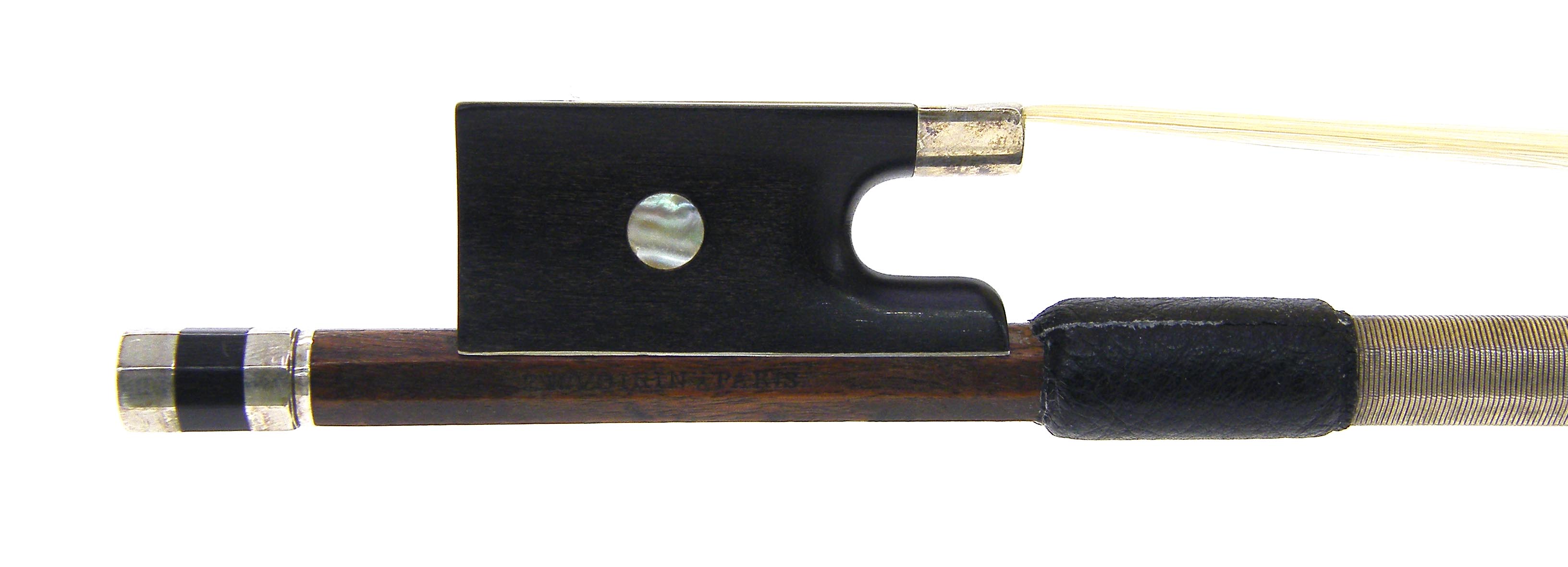 Silver mounted violin bow stamped F.N. Voirin a Paris, the stick octagonal, the ebony frog inlaid