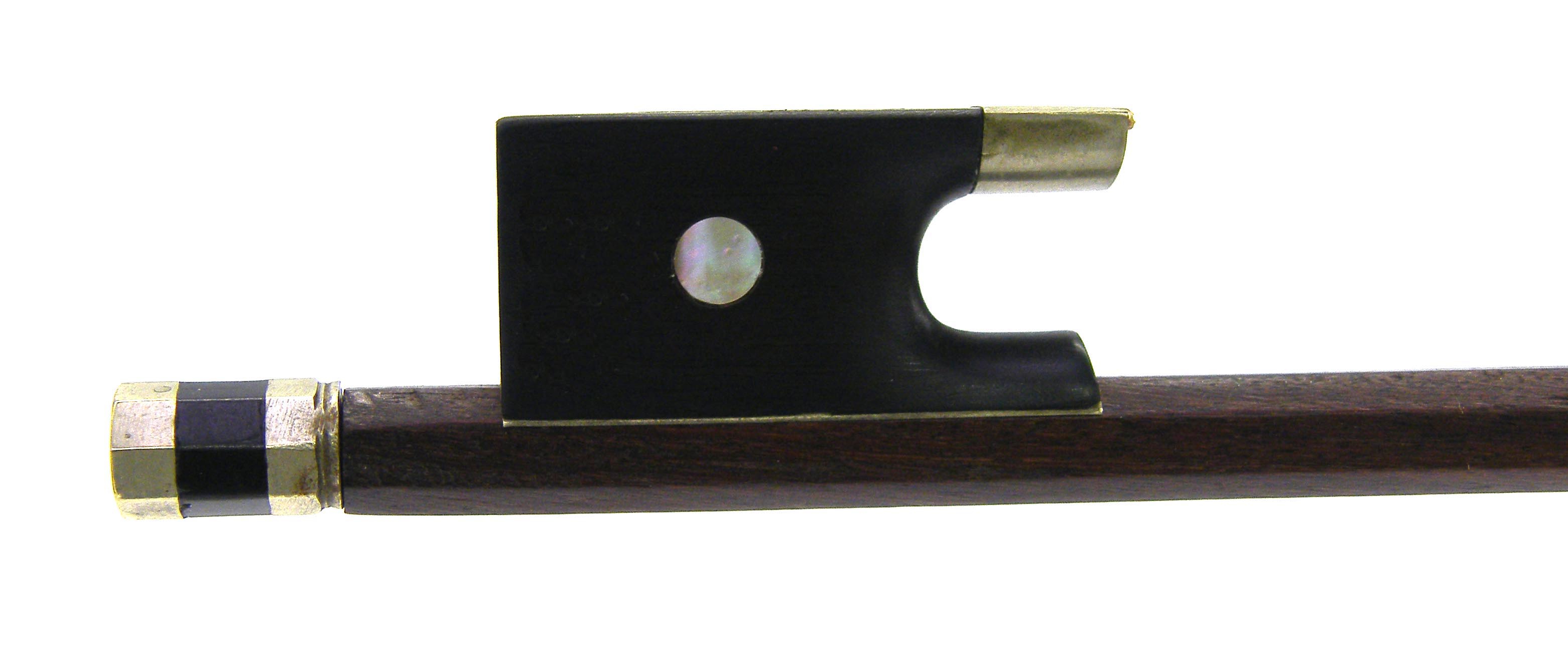 French nickel mounted violin bow of the Simon School, the stick round, the ebony frog inlaid with