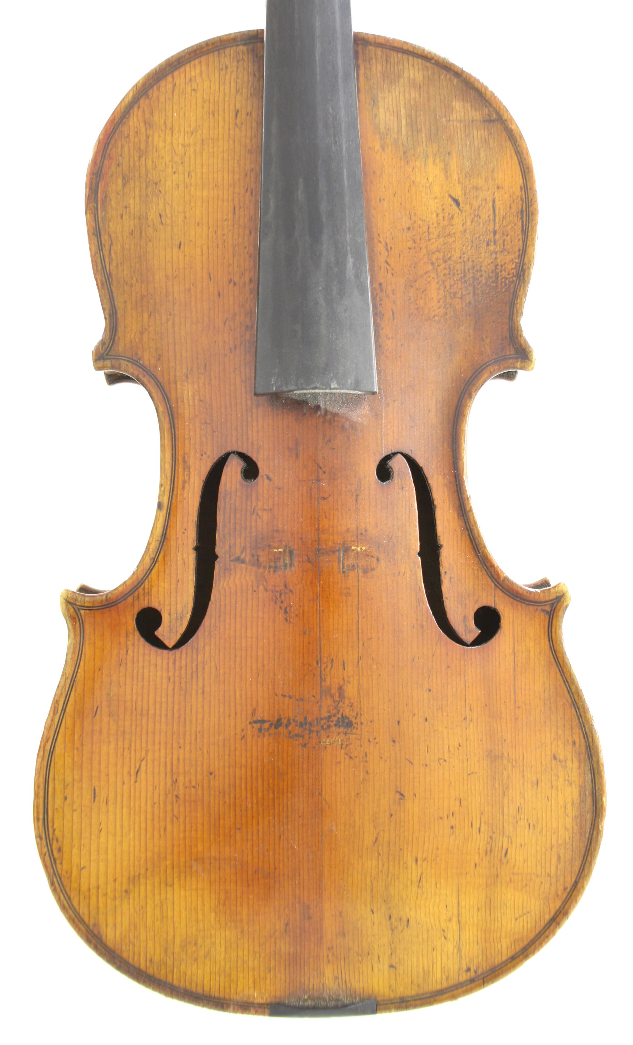 English violin of the Furber School, circa 1800, the two piece back of medium curl with similar wood