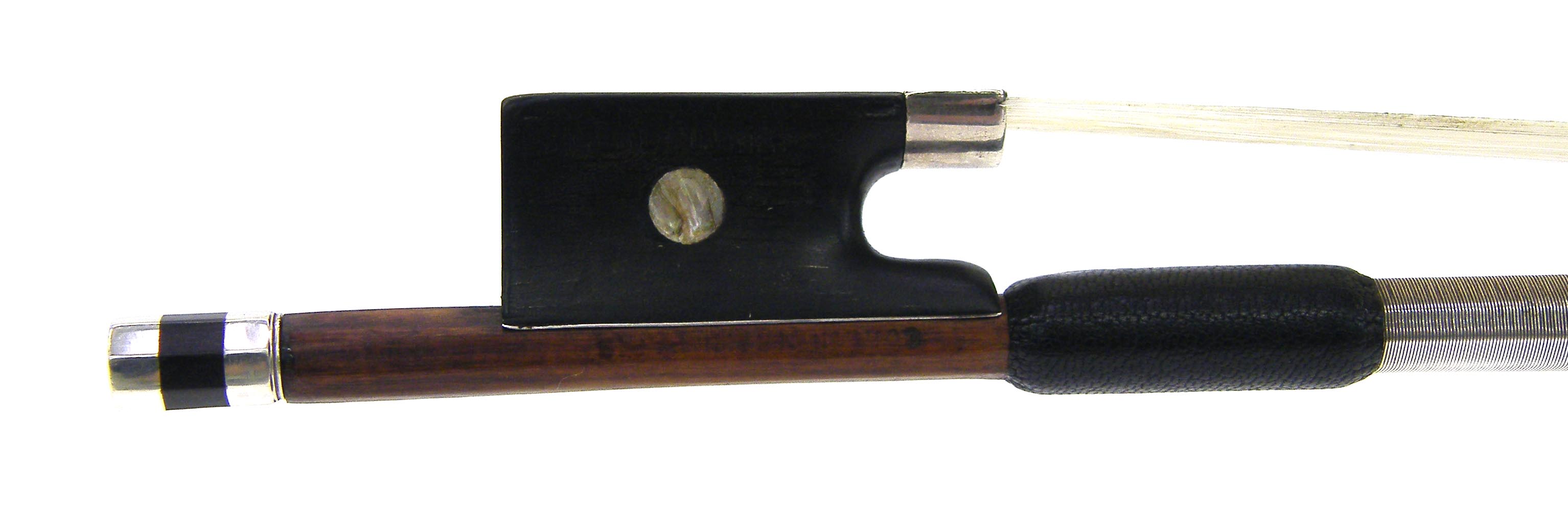 French silver mounted violin bow by and faintly stamped Colin Mezin, the stick round, the ebony frog