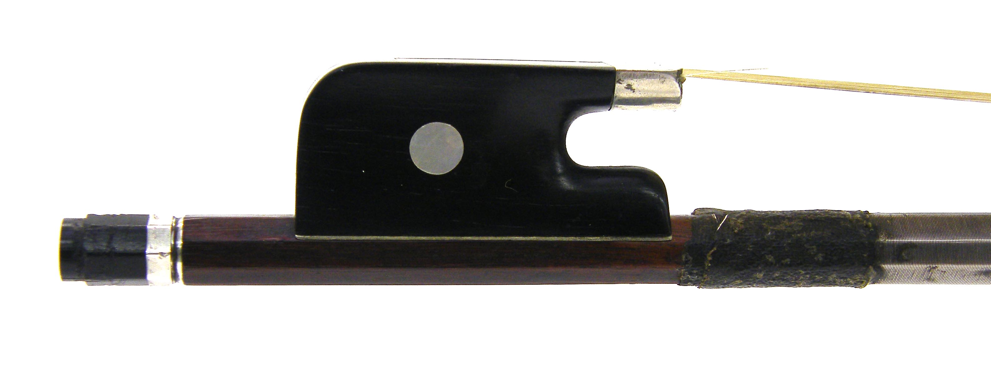 Silver mounted violoncello bow, unstamped, the stick round, the ebony frog inlaid with pearl eyes