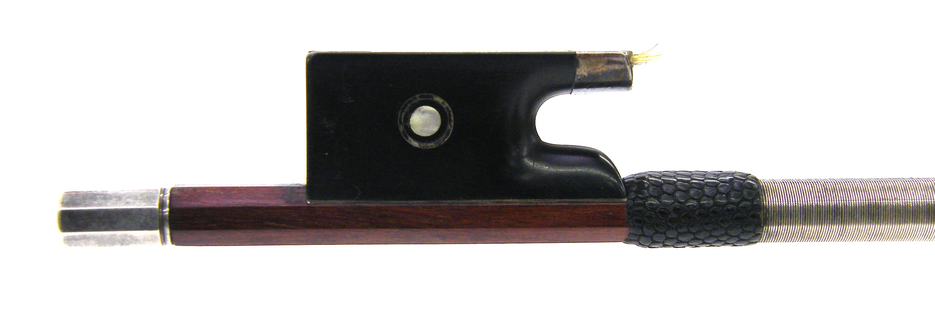 Silver mounted violin bow, the stick round, the ebony frog inlaid with silver rings enclosing