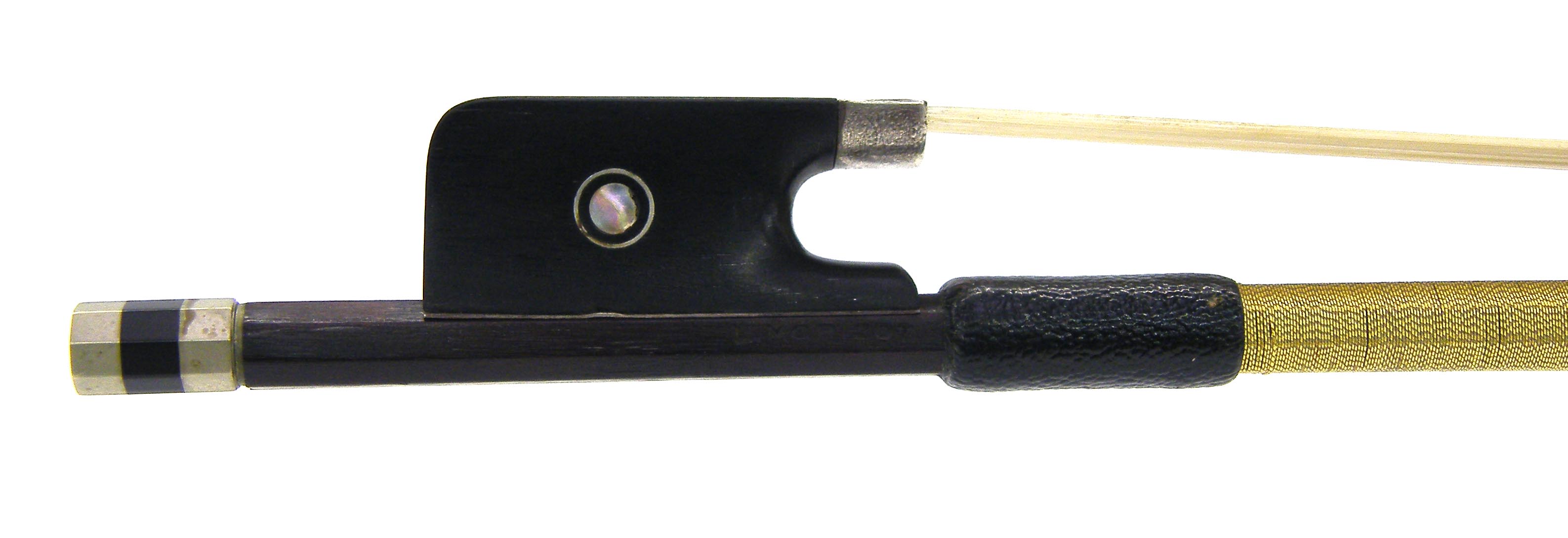 French silver and nickel mounted viola bow by and stamped L. Morizot, the stick round, the ebony