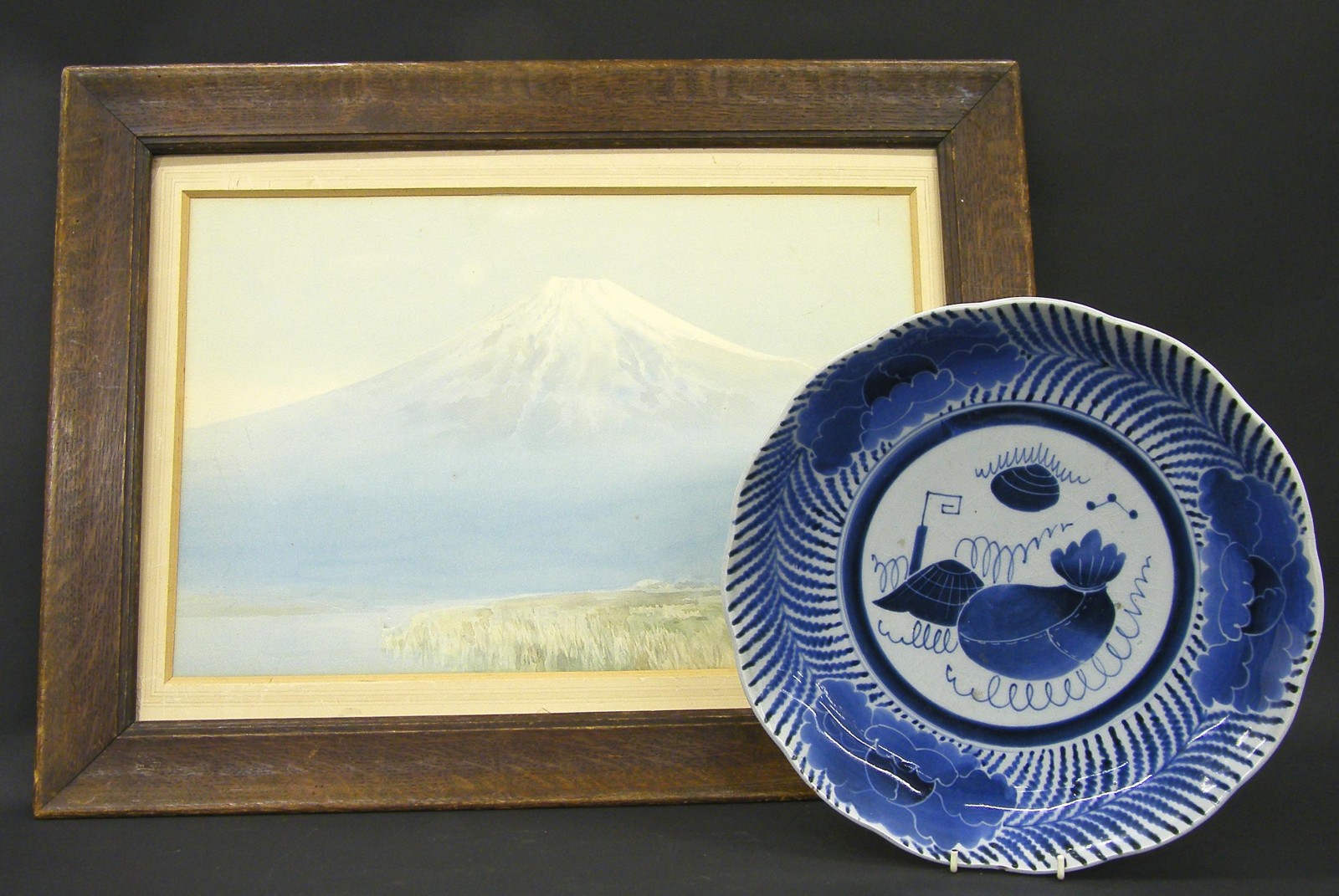 Chinese blue and white porcelain charger plate, 12.5" diameter; Japanese School - landscape study of