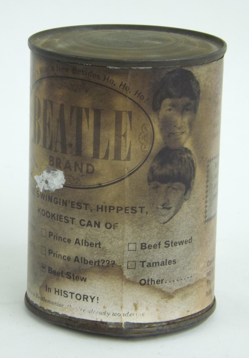 Interesting and rare `The Beatles` brand can of beef stew inscribed `The Swingin`est Hippest