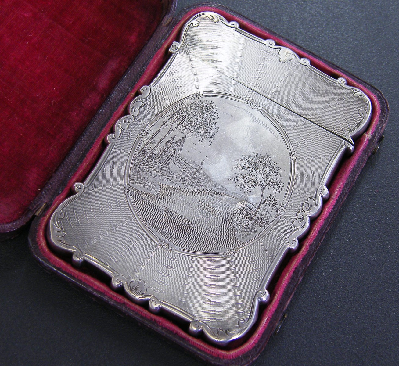 Good Victorian silver castle top card case by Nathaniel Mills, Birmingham 1844, engraved with a