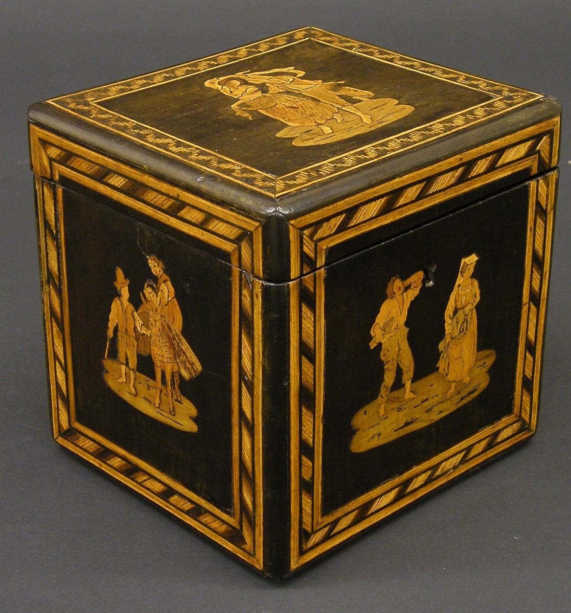 Attractive 19th century Sorrento square tea caddy, inlaid with panels of romantic scenes amidst rope