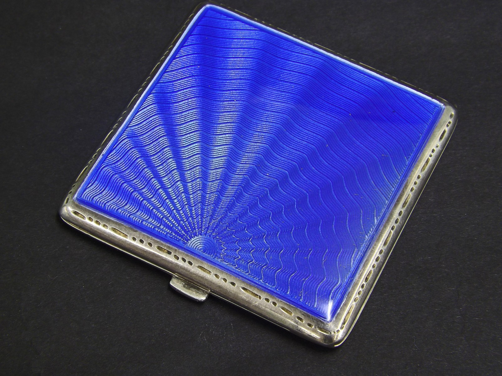 1930s silver blue guilloche enamel square compact with engine turned decoration, maker C&N,