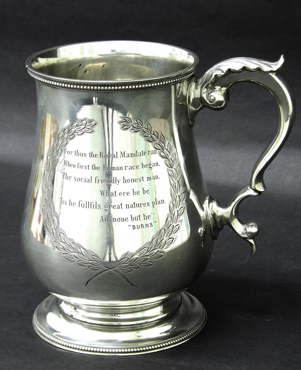 Victorian silver baluster tankard, with inscription, maker DHCH, London 1874, 5.5" high, 11.5oz
