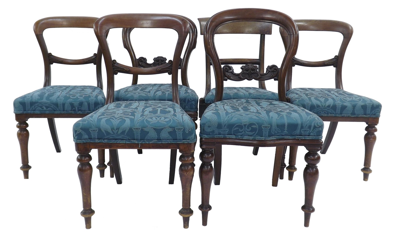 Harlequin set of five 19th century mahogany balloon back dining chairs, with stuffover seats and