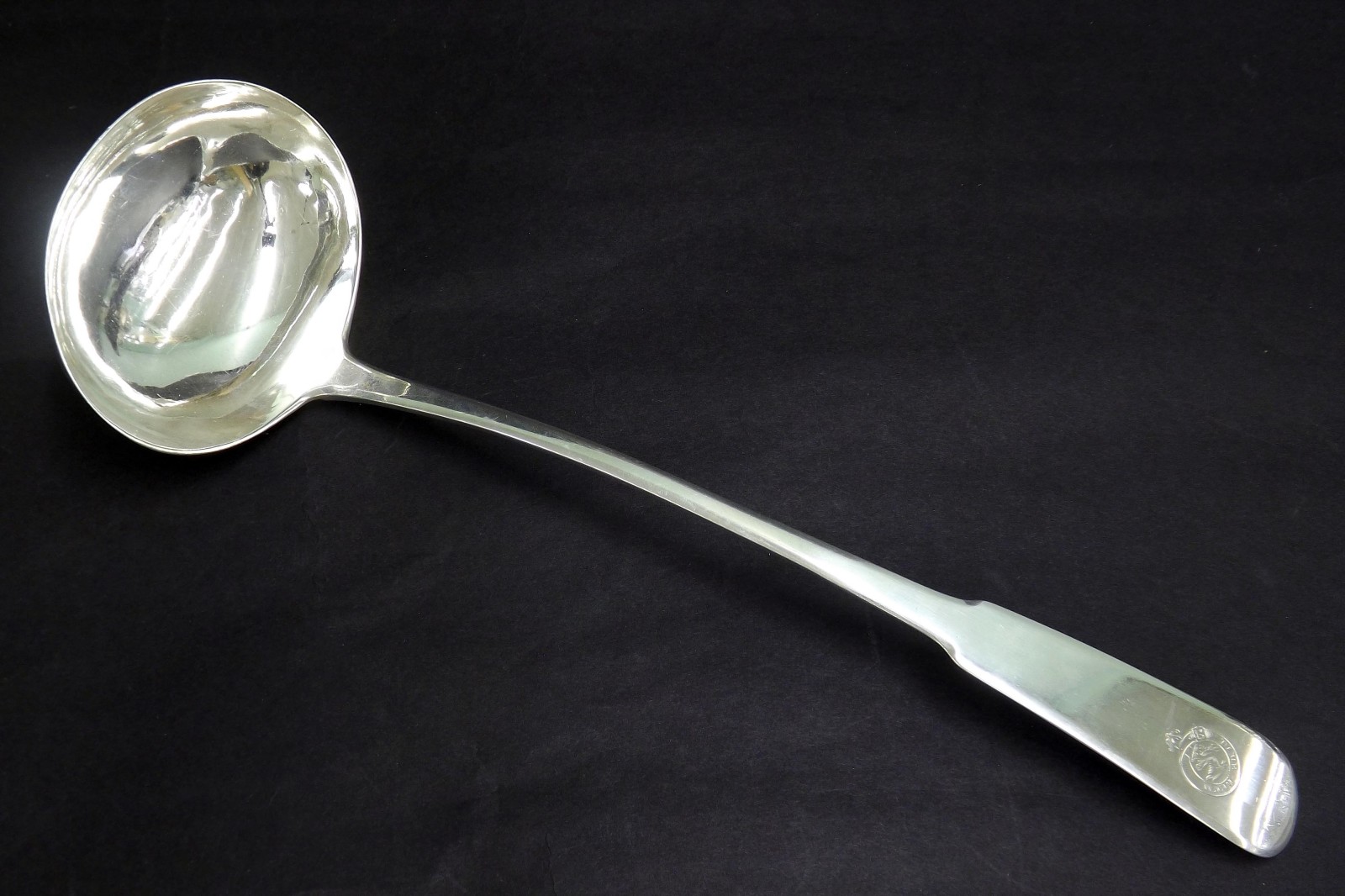 George III Scottish silver ladle, engraved with a Crest, maker William Marshall, Edinburgh 1814, 13"