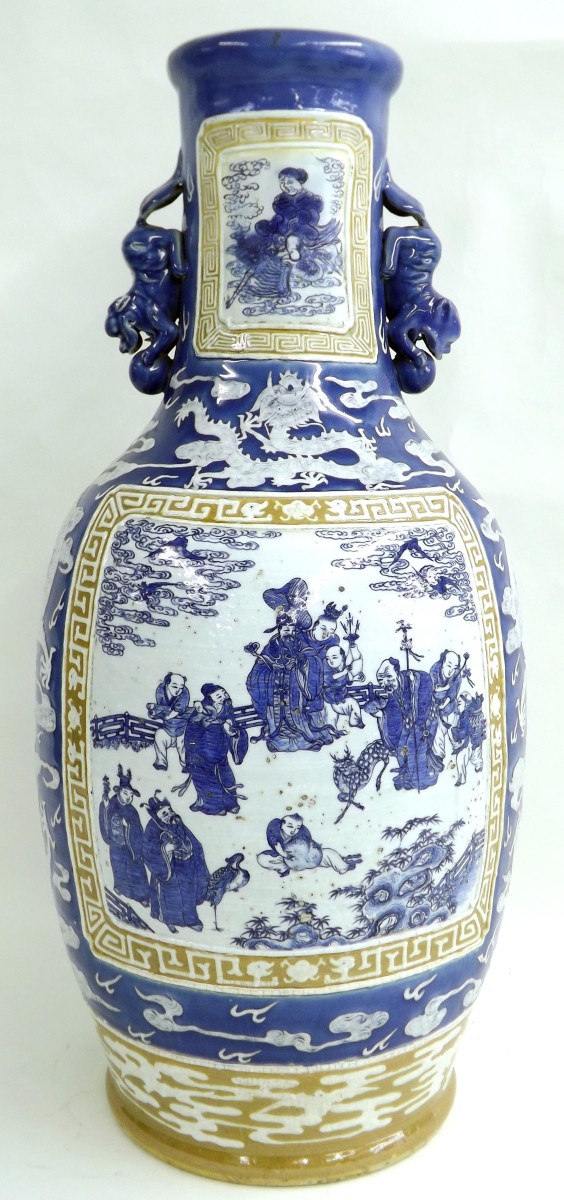 Large Chinese blue and white twin handled baluster vase painted with panels of family scenes