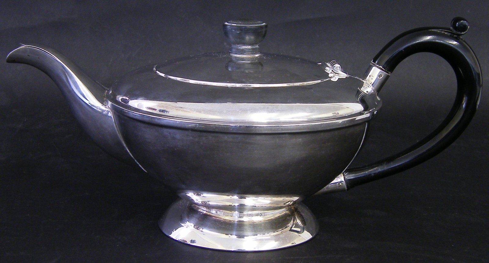 1930s silver teapot, maker Harrison Brothers & Howlson, Sheffield 1937, 10" wide, 15oz approx