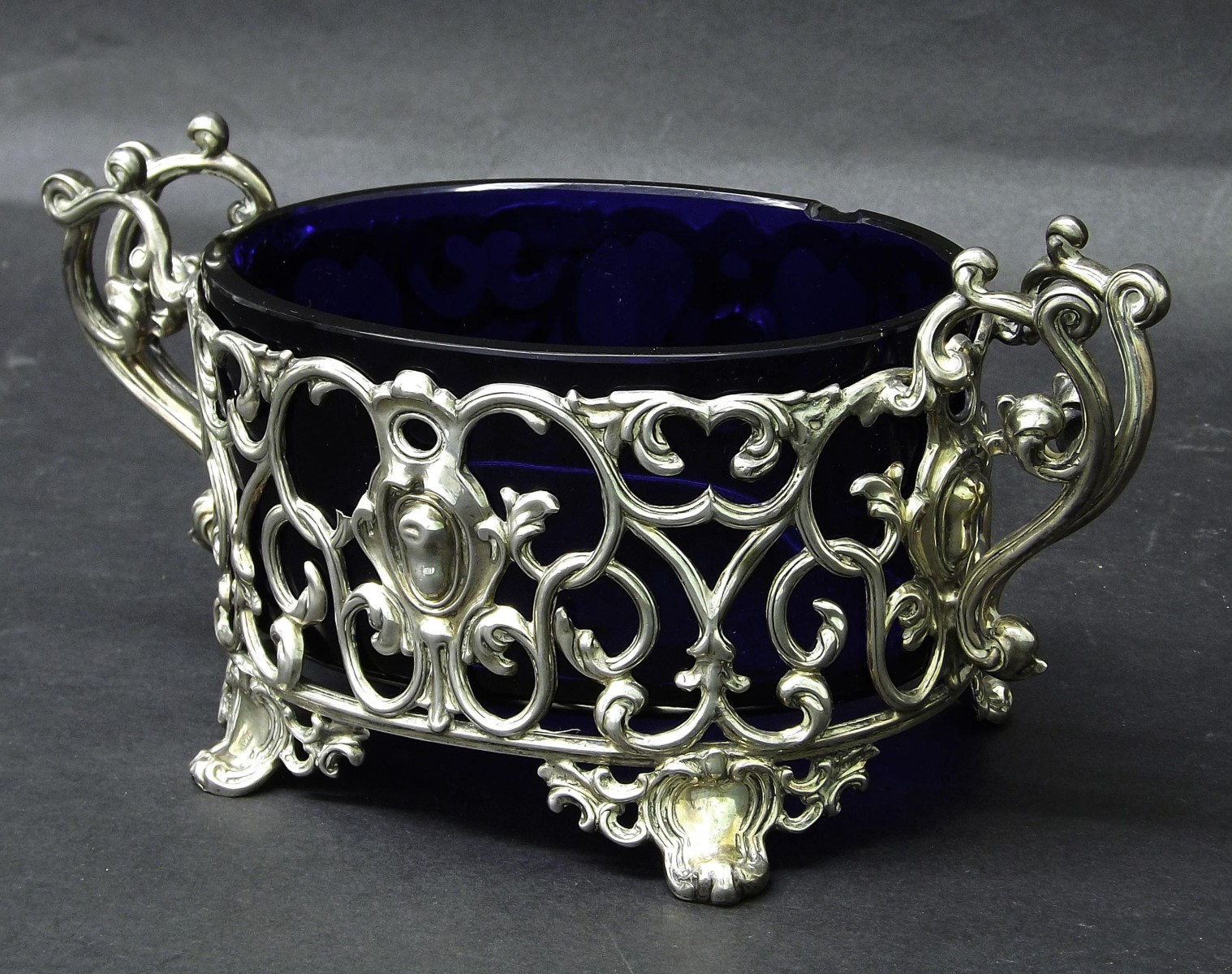 French pierced silver twin handled sweetmeat dish, with blue glass liner, 7.5" wide, 5.5oz approx