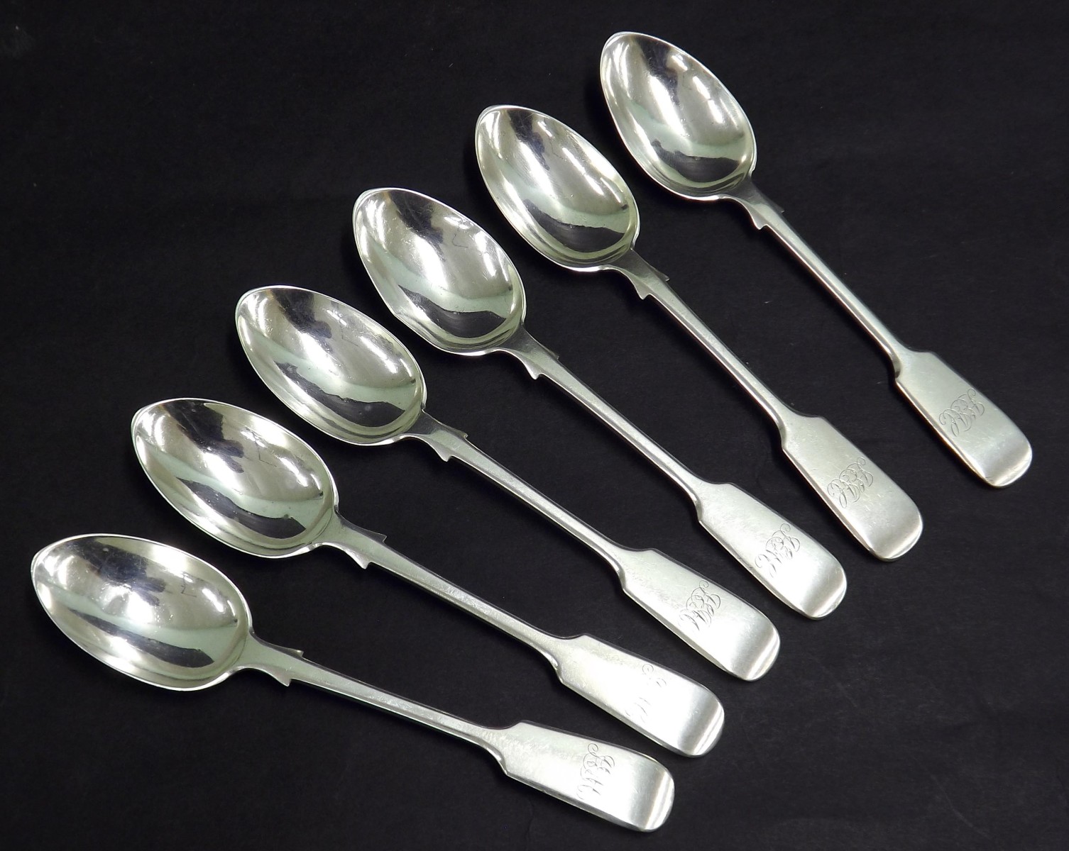 Set of six Victorian silver fiddle pattern teaspoons, maker CB, London 1895, 5.5" long, 4.5oz approx