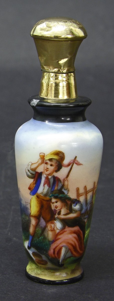 Continental gilt topped porcelain baluster scent bottle, 3" high