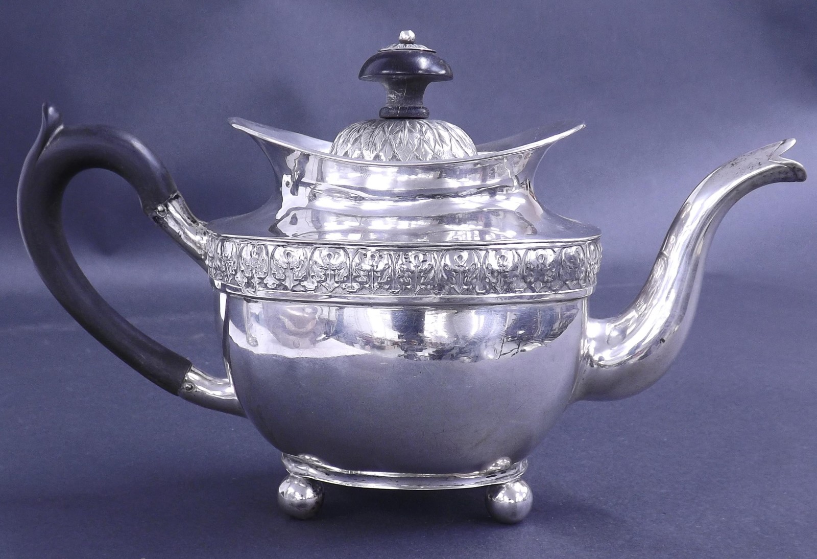 German Hamburg silver small boat shape teapot by Johann Friedrich August Noack, with embossed