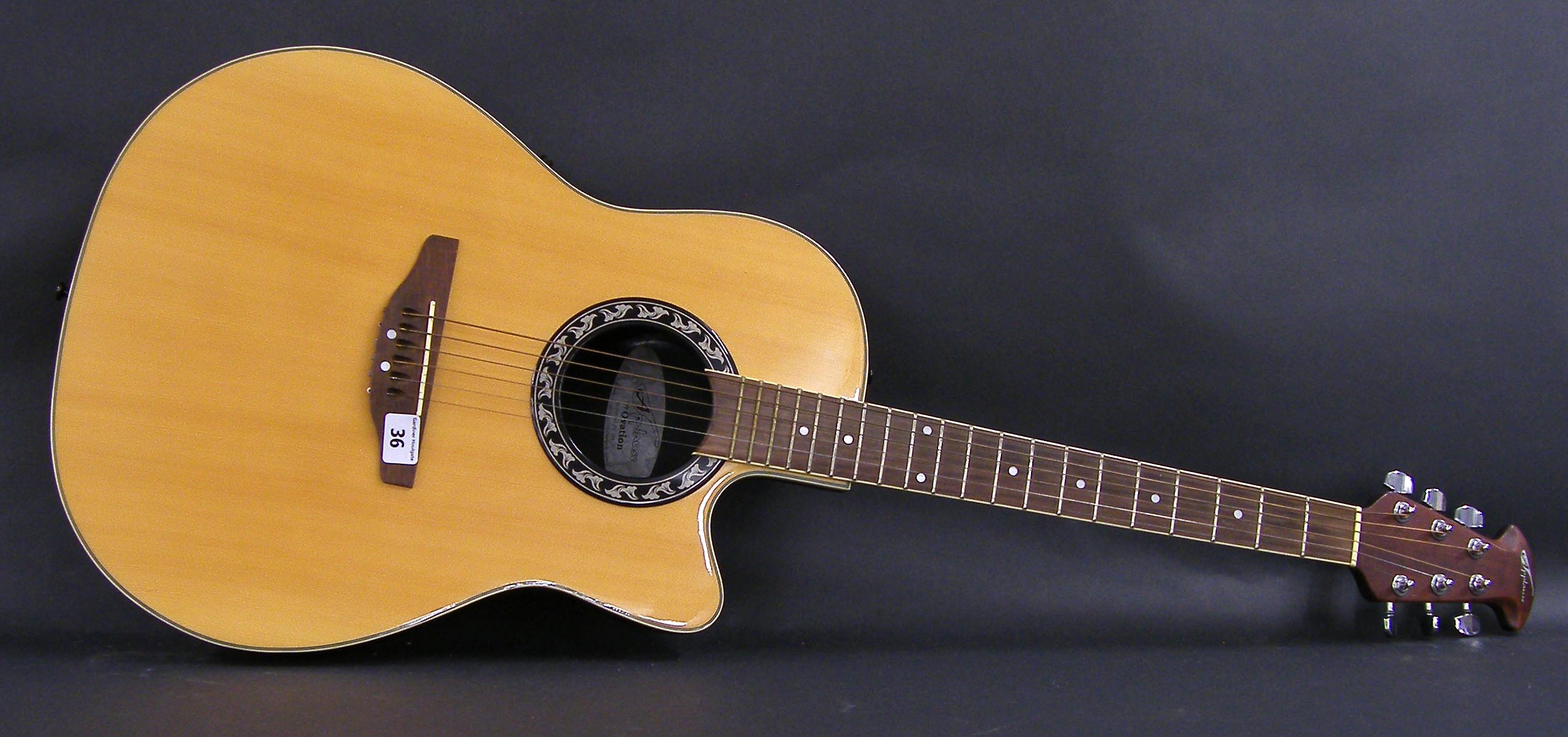 Applause by Ovation, AE128 electro-acoustic guitar, ser. no. 4737675, natural finish, bowl back,