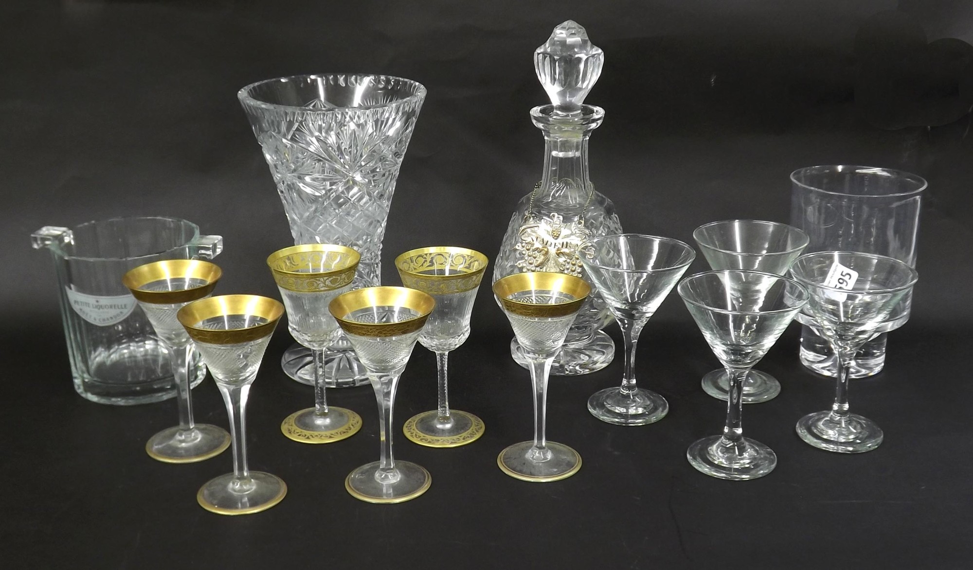 Set of four attractive hobnail cut glass flutes with gilded rims; together with four further Martini