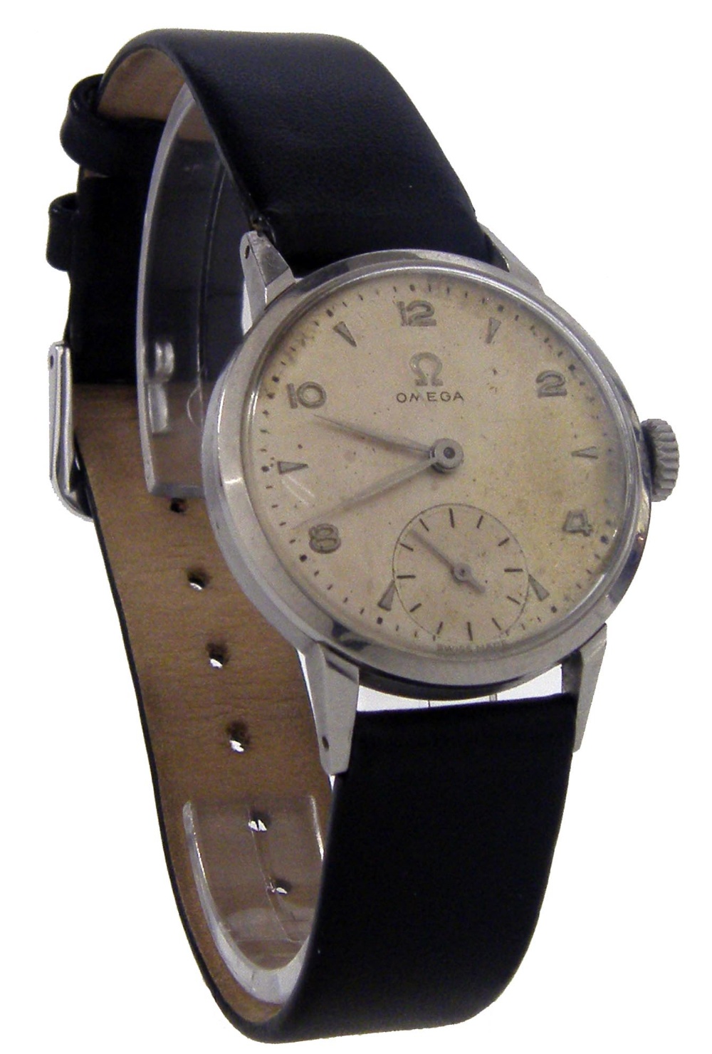 Omega mid-size stainless steel wristwatch, circa 1950/51, the round silvered dial with Arabic
