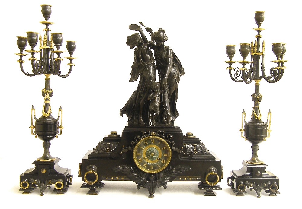 French bronze and black marble figural two train mantel clock garniture, the Japy Freres movement