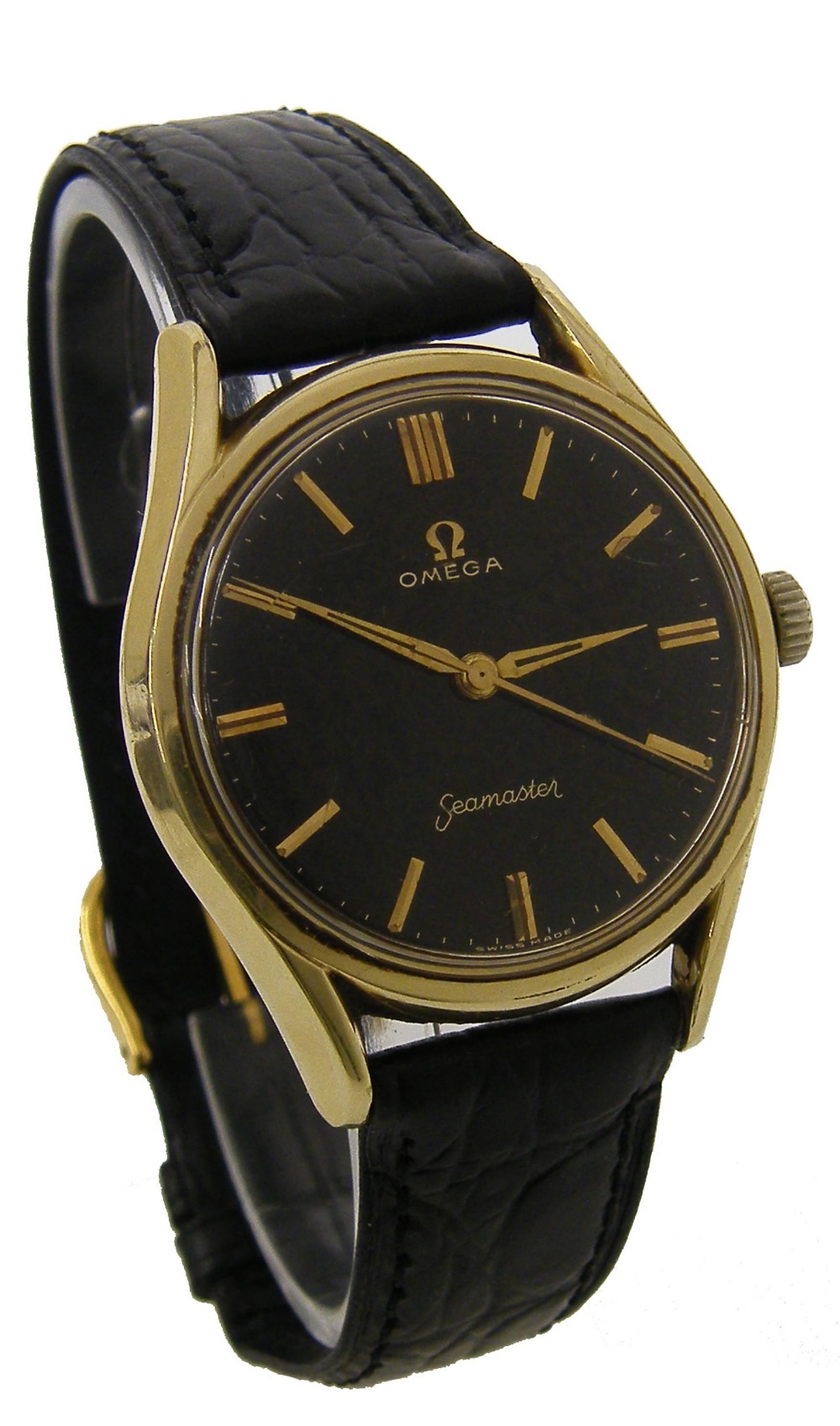 Omega Seamaster gold capped stainless steel gentleman`s wristwatch, the black dial with baton