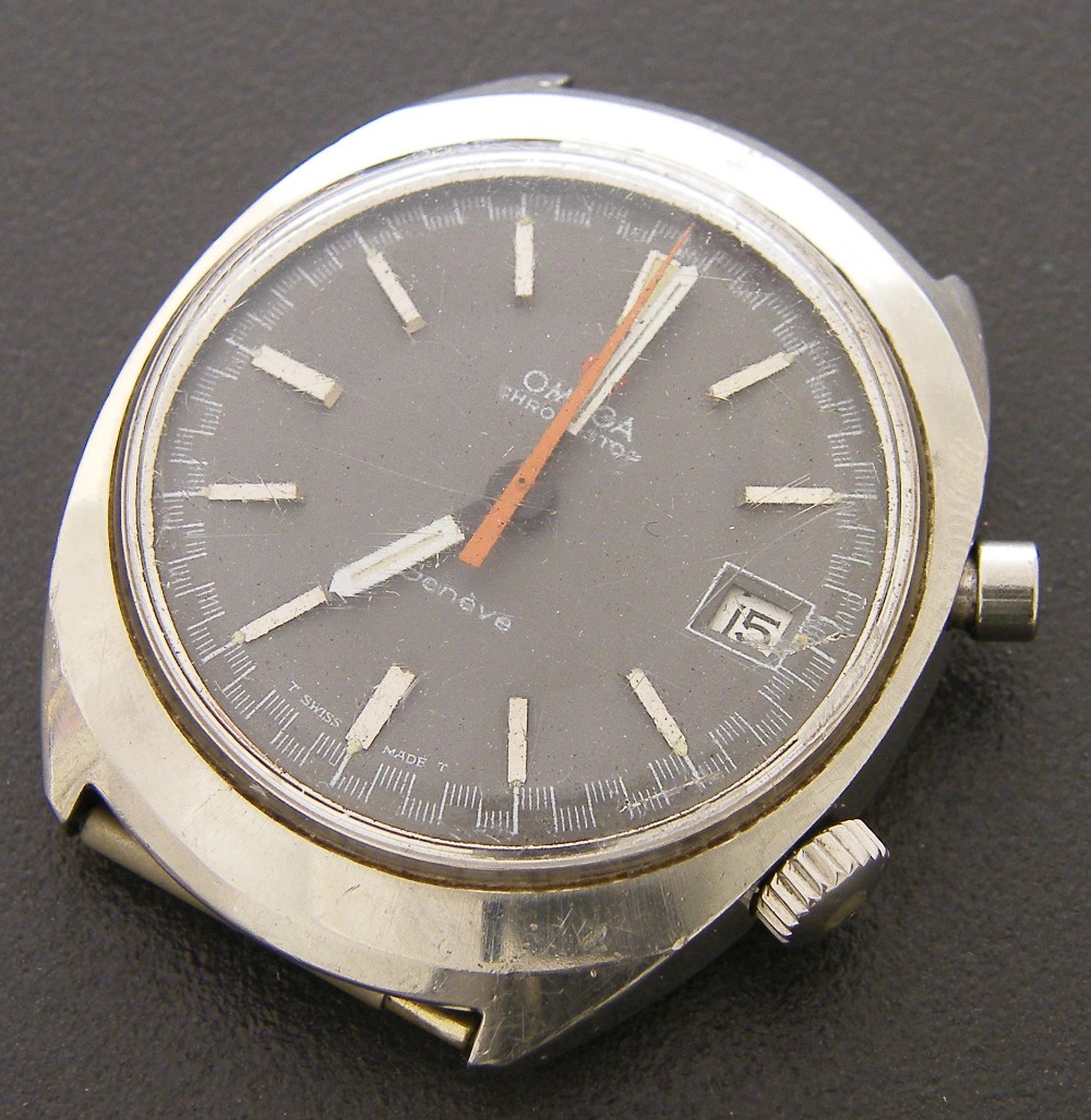 Omega Chronostop stainless steel gentleman`s wristwatch, the circular grey dial with baton