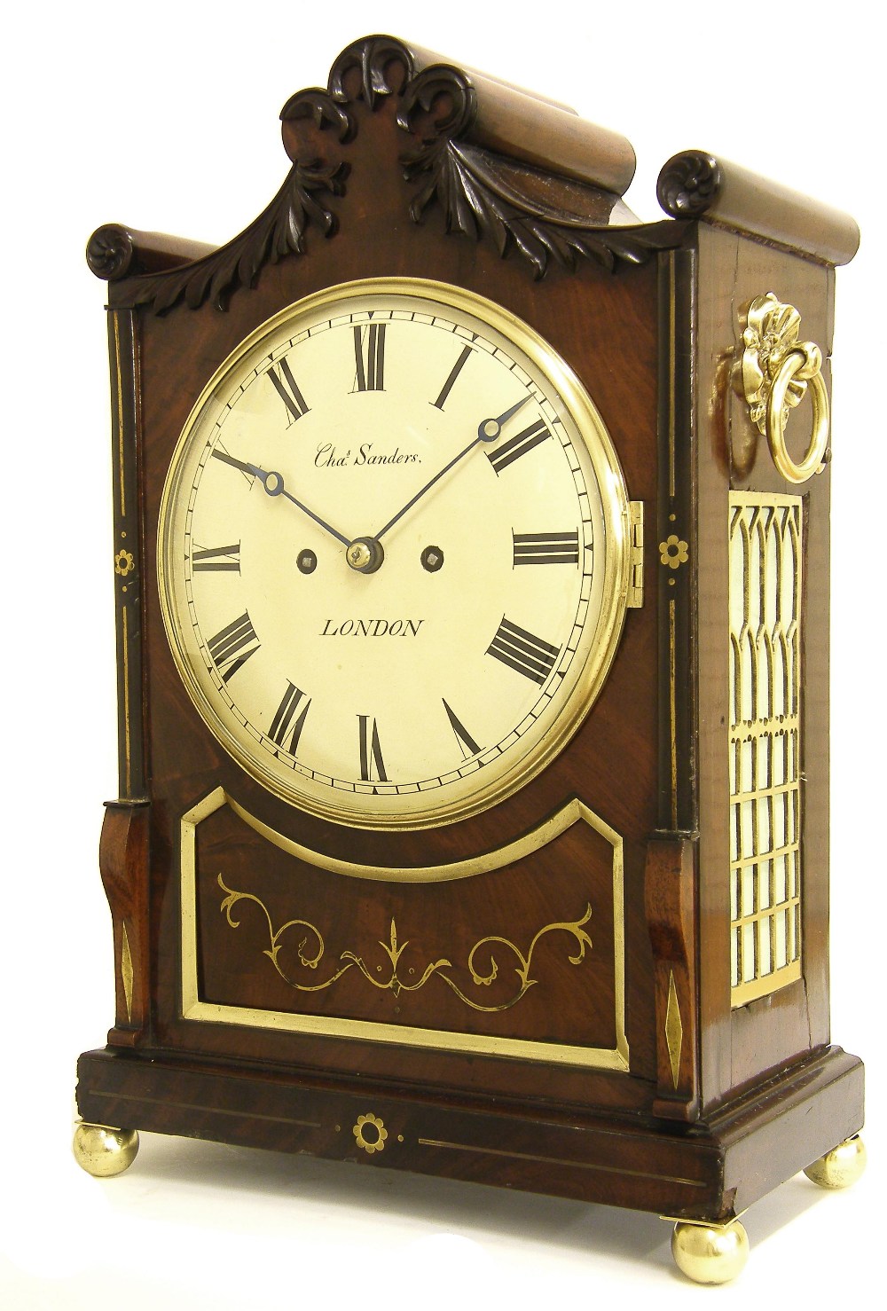 English mahogany inlaid double fusee bracket clock, the movement striking on a bell, the 8" convex
