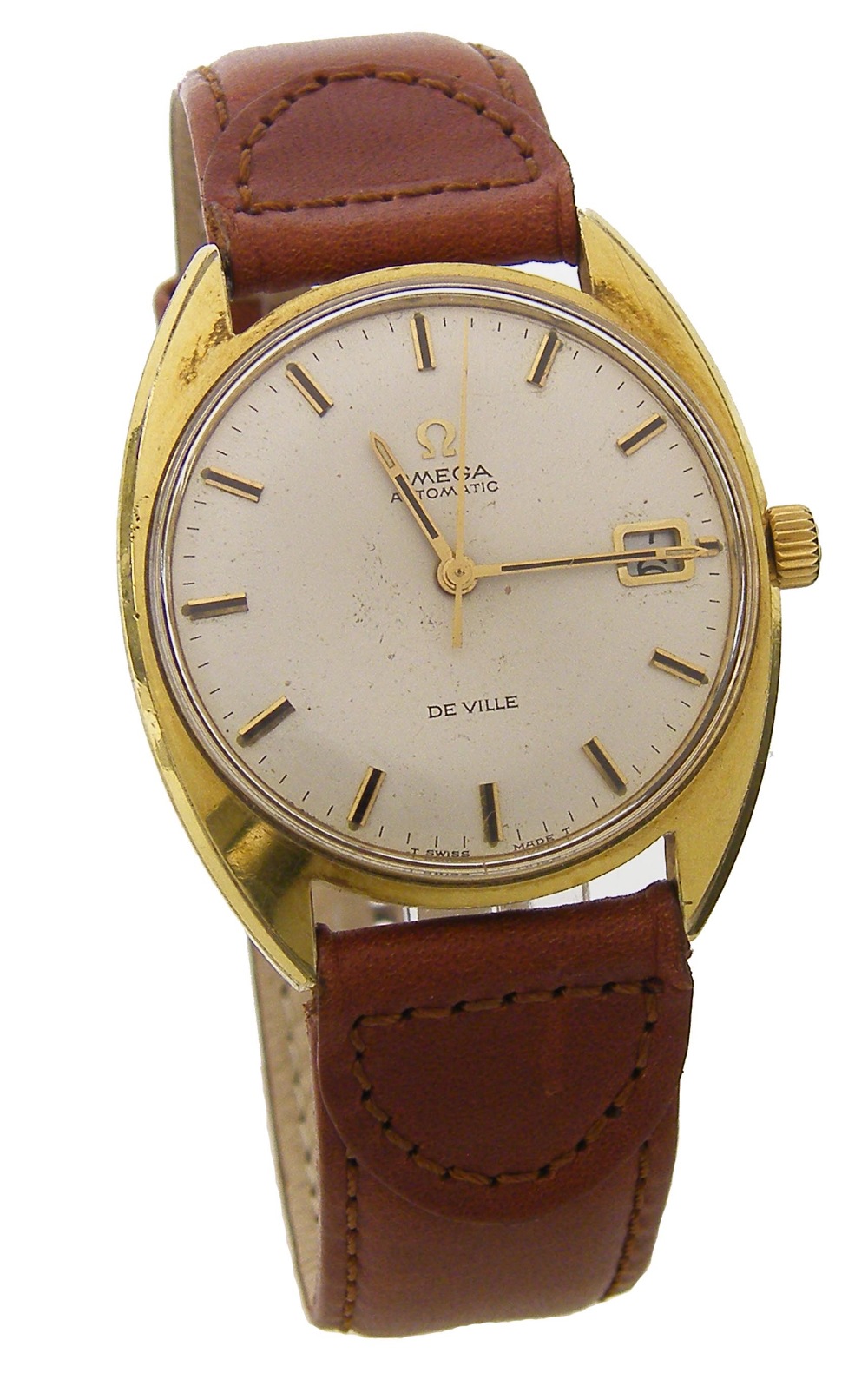 Omega De Ville automatic gold plated gentleman`s wristwatch, the silvered dial with baton markers,