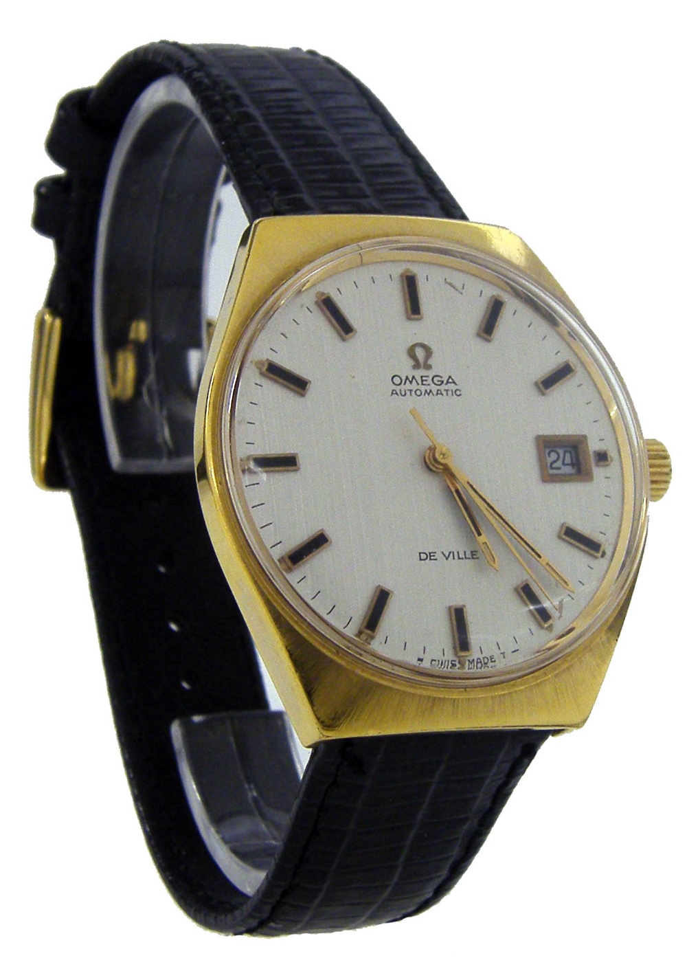 Omega De Ville automatic gold plated gentleman`s wristwatch, the round silvered dial with baton