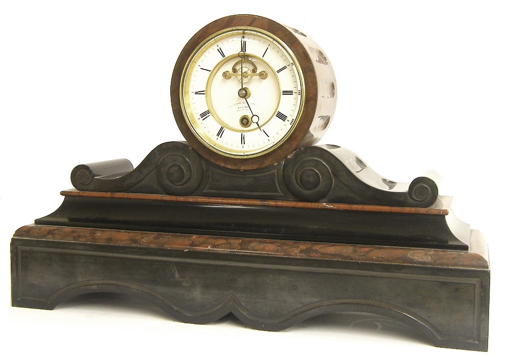 French black slate and rouge marble year going drumhead mantel clock, the Achille Brocot movement