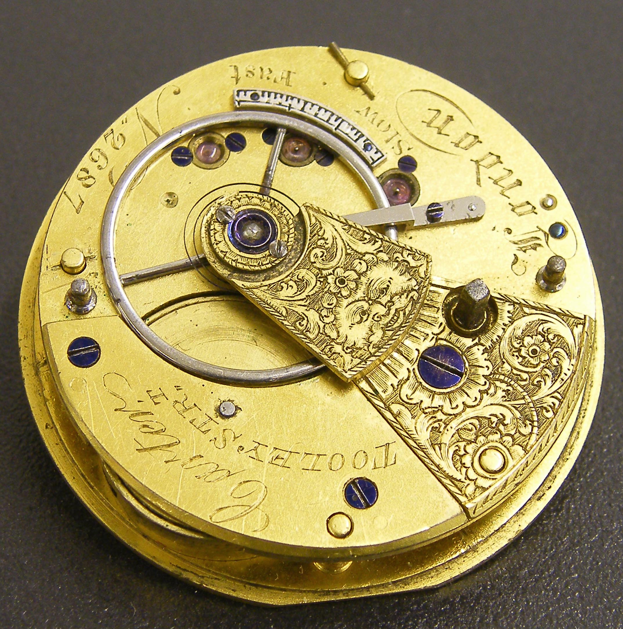 Savage two-pin fusee pocket watch movement, signed Carter, Tooley Str`t, London, no. 2687, engraved