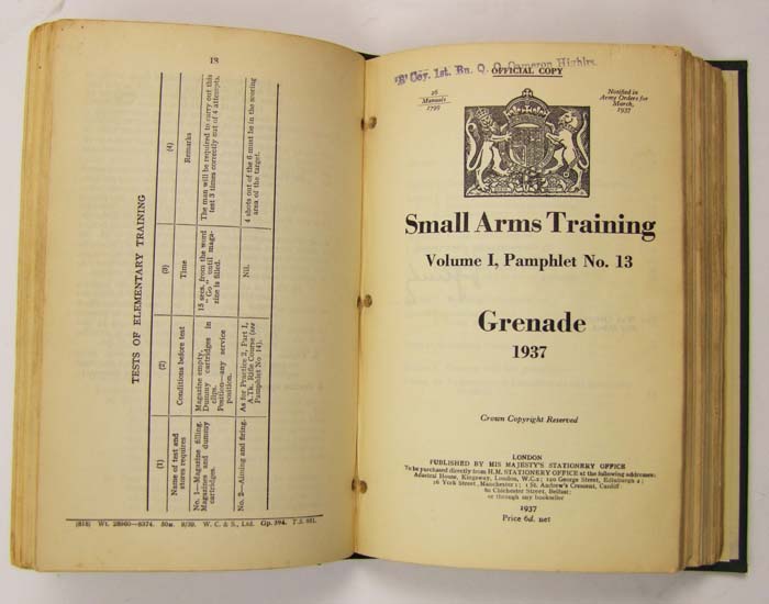 A bound collection of inter-war small arms training manuals, including rifle, grenade, pistol and