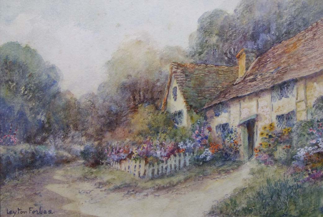 Leyton Forbes, Rural Scenes with Cottages, Flowers and Figures, watercolours, signed, 16.5 x 24cm (6