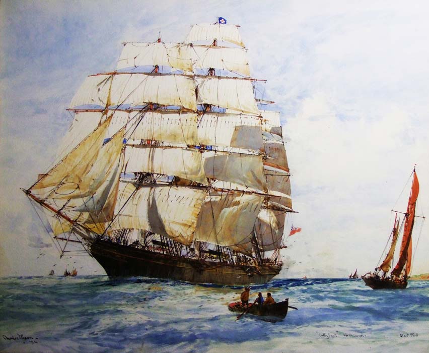 Charles Dixon, ‘Cutty Sark up Channel - Start Point’, watercolour, signed and dated 1931, 48 x