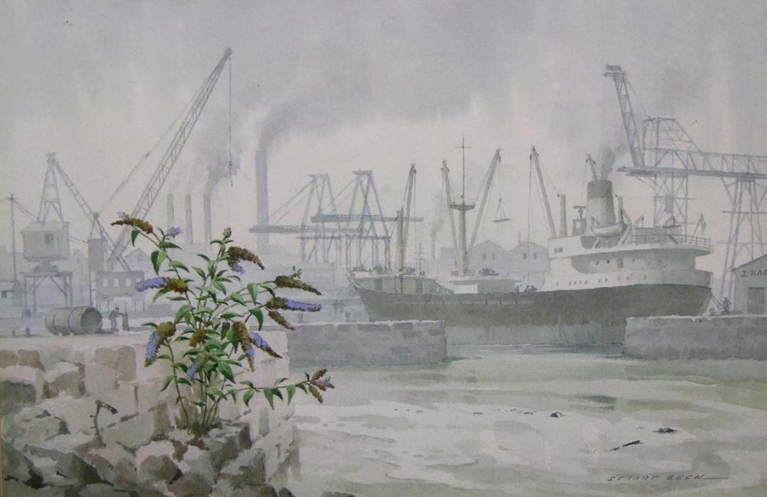 Stuart Beck, Dock Scene with Buddleia to the foreground, watercolour, signed, 29.5 x 45.5cm (11 1/