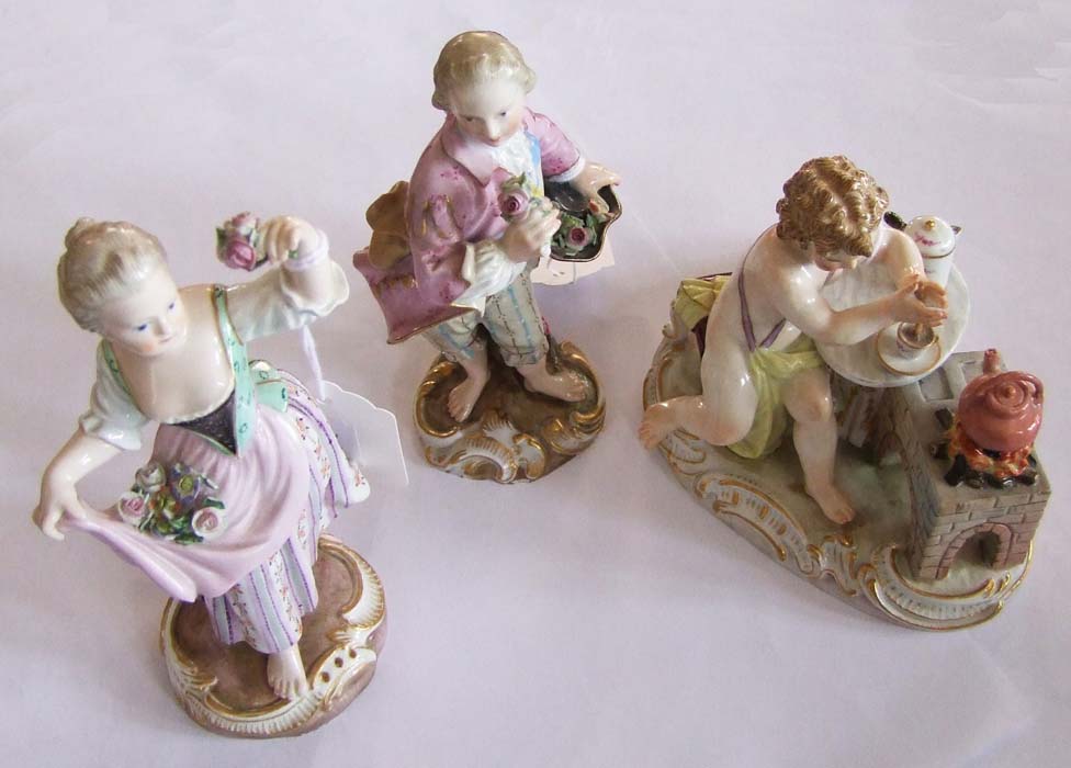 A pair of figures with flowers, and a seated figure stirring tea. (3).