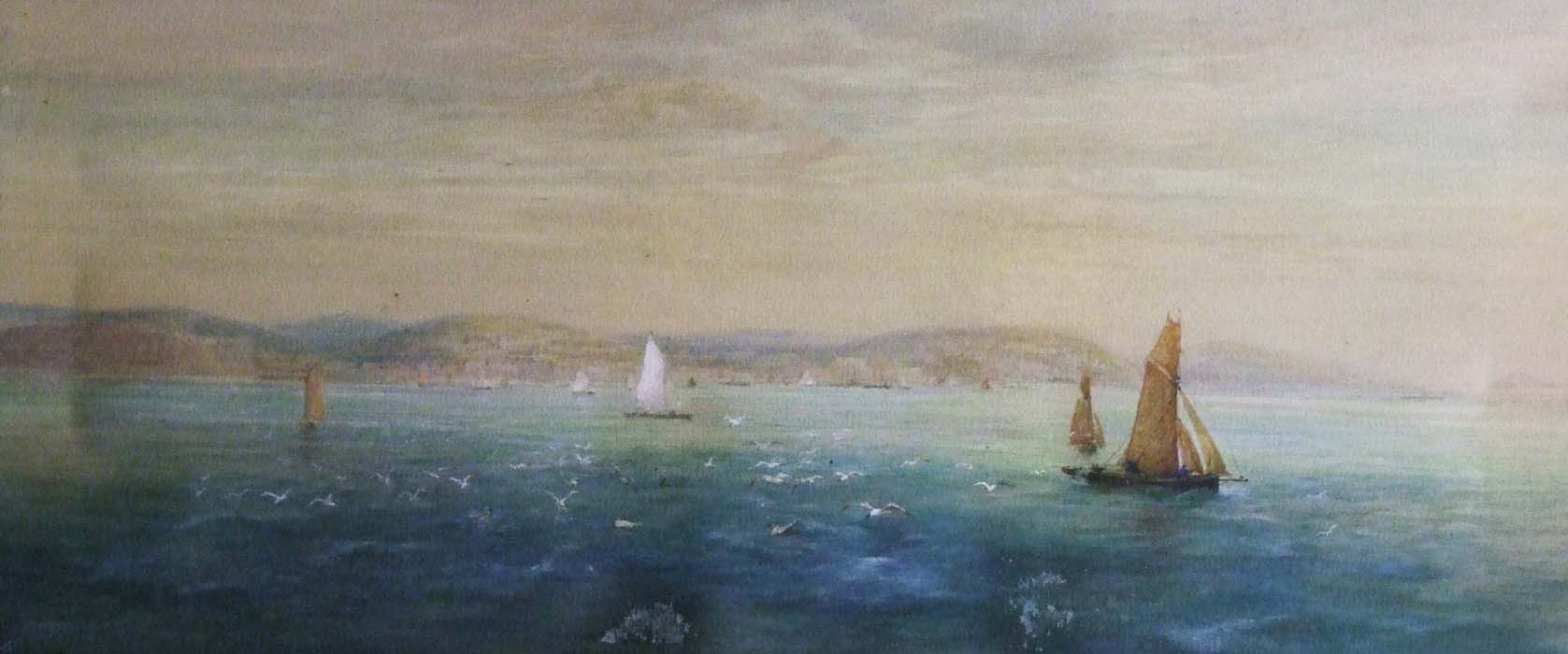 Fisher, Coastal Scene with Sailing Boats, watercolour, signed, 23.5 x 53.5cm (9 1/4 x 21in).