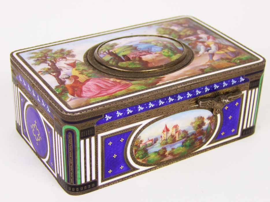 A 19th Century Swiss enamelled bird musical box, the top with decoration of figures in a landscape