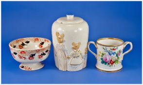 Three Pottery Items, Comprising Victorian Loving Cup, Victorian Pedestal Bowl And A Ridgways
