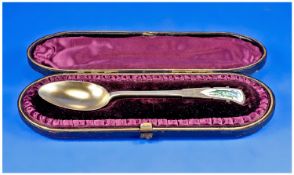 Victorian Silver Gilt and Enamel Spoon. Hallmarked Birmingham 1882. With presentation case. 25.9