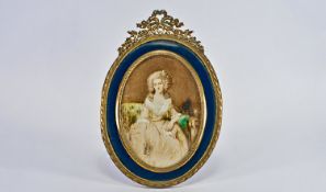 A Fine Early 19th Century Hand Painted Portrait on Ivory, of a lady seated on a decorated settee