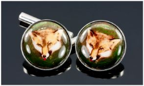 Pair Of Gents Silver Cufflinks, Circular Fronts With Image Of Fox Heads, Stamped 925, Complete With