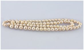 Single Strand Cultured Pearl Necklace, Slightly Graduating, Length 29 Inches, 9ct Gold Clasp.